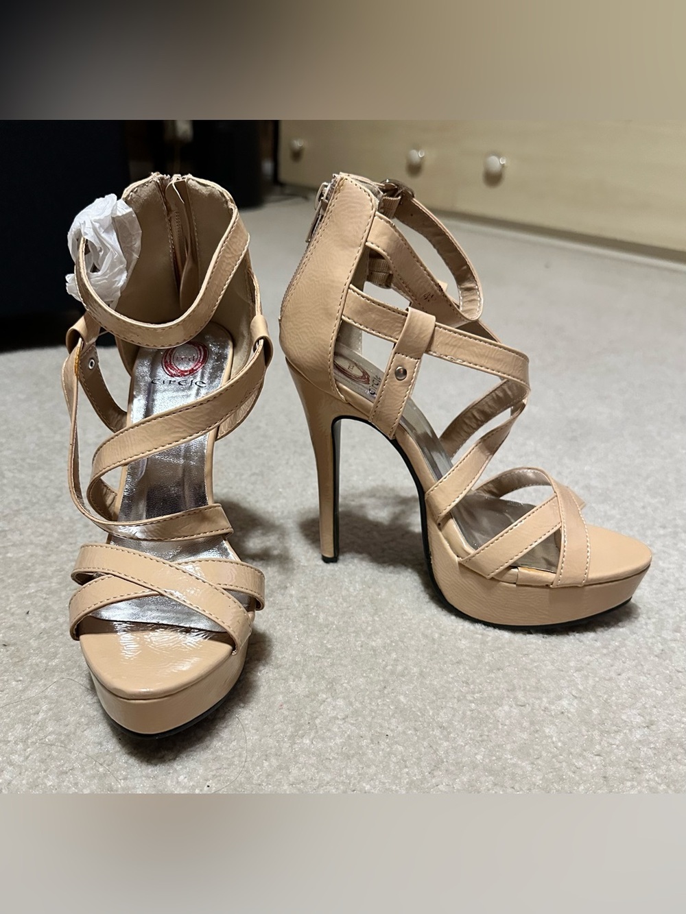 Red Circle Footwear beige Strappy Platform Stiletto Heels